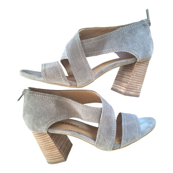 Lucky Brand Vidva Strappy Suede Chunky Stacked Sandal Heel Zip Back Titanium 8M - Picture 13 of 16